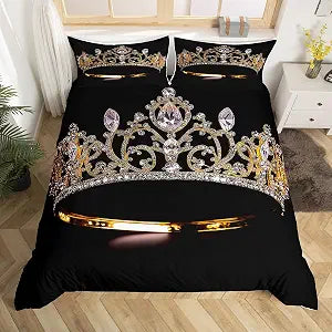 Gold Crown Bedding Set Queen Size Diamonds Duvet Cover Set for Lady Boys Teens,Luxurious Comforter Cover Set Gorgeous Crown Quilt Cover Soft Cozy Luxury Bedroom Decor Black