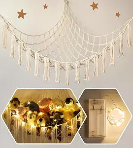 Stuffed Animal Storage Hammock Corner X-Large with LED Light - Baby Hammock Hanging Holder Plushies Net for Stuff Animals Organizer - Cute Room Decor Aesthetic Kids Toddler Nursery Bedroom Boho