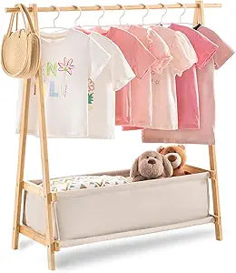 Kids Clothing Rack with Storage Box, Kids Dress Up Rack, Dance Costume Garment Rack for Hanging Clothes,Garment Rack for Hanging Clothes Organizer, Bamboo (Natural)
