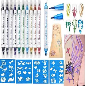 Temporary Tattoo Markers for Skin, 10 Body Markers Make Bold and Fine Lines, Tattoo Stencils for Kids and Adults, Dual-End Tattoo Pens for Body & Face Art, Halloween Makeup Kit