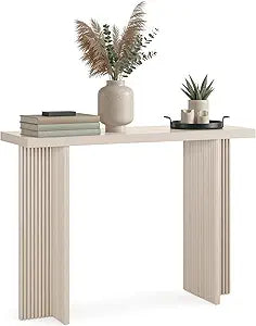 Stead Fluted Console Table  Weathered White Solid Wood Entryway Table with Oak Grain Veneer, Curved Base & Adjustable Feet  Modern Farmhouse Fluted Console Table for Hallway or Living Room.