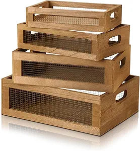 FillTouch 4 Pcs Wooden Nesting Countertop Baskets 4 Size Wooden Storage Box with Handle and Metal Wire Multipurpose Wood Organizer Crate for Fruit Vegetable Kitchen Cabinet Bathroom(Dark Brown,Small)