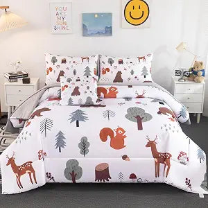 6Pcs Comforter Set Full Size Forest Theme White Bedding Sets for Boys Girls Teens Woodland Animals Print Soft Microfiber Teen Boy Bed in A Bag with Sheets (Forest, Full)