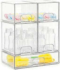 Bottle Storage Organizer Baby, Clear Stackable Storage Drawers Set for Baby Bottle, Beauty Supplies Storage, Ideal for Countertop, Vanity, Bathroom, Cabinet, Pantry Organization, 15.4" H, 5 Pack