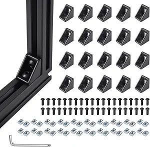 20 Sets Black 2020 Series Aluminum Extrusion Corner Bracket Kit, Includes 20pcs Right Angle Connectors, 40pcs M5 T Slot Nuts and Screws for 20 Series V-Slot Aluminum Profile Accessories
