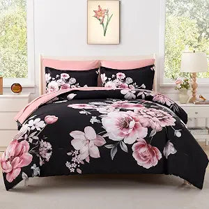 Floral Comforters Queen Size 7 Pieces Botanical Black and Pink Comforter Set Ulter Soft Microfiber Bedding Set, Lightweight Bed Comforter Set with Sheets for All Season (Black, Queen)