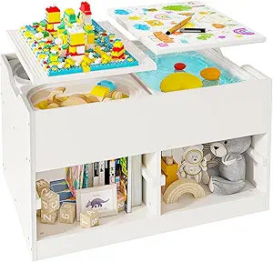 Easyego Kid Sensory Table with Storage - Activity Table with Building Block Boards & Foldable Storage Bins, Birthday Gifts for Boys and Girls - White