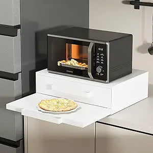 2-Tier Pull-Out Cabinet Organizer with Drawer & Countertop, Adjustable Kitchen Microwave Stand, Spice Rack Storage for Countertop, Cabinet, Pantry, Steel, White (18.3''W x 14.1-24.3''D x 5.5''H)