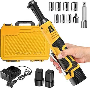 FULLYEA Cordless Electric Ratchet Wrench Set, 550RPM, 45Ft-lbs, 16.8V Extended cordless ratchet wrench 3/8, Power Ratchet with Variable Speed, 1/4" Adapter, 2 * 2.0Ah Battery and Fast Charger(Yellow)