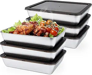 6 PCS Stainless Steel Food Storage Containers with lids,2.16 Inch Deep, 8x10 Inch Stainless Steel Oven plate, Metal Roasting Pan for Meal PrepMeat, Rustproof & Heavy, Freezer & Dishwasher Safe