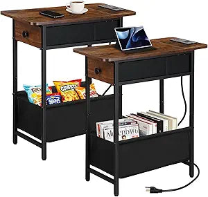 Long Narrow End Tables Set of 2 with Charging Station, Slim Nightstand with Drawer and Fabric Basket, Skinny Side Table for Living Room, Bedroom, Small Spaces, Rustic Brown