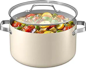 Bakken 12.5 Quart Ceramic Coated Stock Pot with Lid, Easy Clean Nonstick Pot, Tempered Glass Lid, Riveted Stainless Steel Handles, Oven Safe Up To 500F, PTFE & PFAS Free, All Stove Compatible, Cream