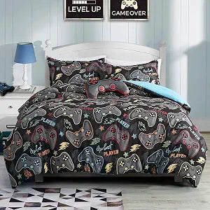 Gray Blue Color Gaming Full Size 5 Piece Comforter Set for Gamer Video Games player Bedding for Teen, Bedding for all seasons, Plush Controller Pillow, fitted sheet and pillow sham Included (Full)