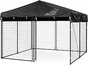 10x10 FT Dog Kennel Cover Heavy Duty 600D Waterproof UV Resistant Roof | Reinforced edges with tie-down straps ensure stable fit, wind resistance, easy installation, and long-lasting outdoor