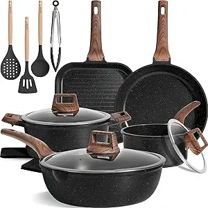 Kikcoin 16Pcs Ceramic Pots and Pans Set Non Stick, Includes a 9.5" Grill Pan, Induction Kitchen Cookware Sets, Black Nonstick RV Kitchen Camping Cooking Sets Stackable (PTFE, PFOS, PFOA Free)