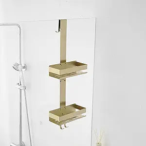 Gold Shower Caddy Over Shower Door - 2 Tier Hanging Shower Caddy Organizer No Drilling, Shower Storage Shelf for Indoor Shower, Bathroom, Bedroom, Kitchen
