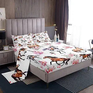 Erosebridal Queen Sheet Set for Horse Loves,Pink Horse with Romantic Rose Bed Sheets Set for Girls Women,Farmhouse Western Animal Sheets for Cowboy,Cabin Lodge Flat Fitted Sheet with 2 Pillowcases