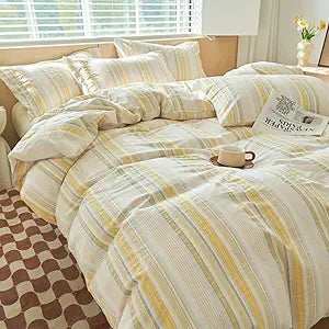 Mucalis Yellow Striped Duvet Cover Set Queen 100% Washed Cotton Bedding Duvet Cover Full Colorful Striped Pattern Modern 3 Piece Bedding Set with Zipper Closure Corner Ties,Breathable Comfortable