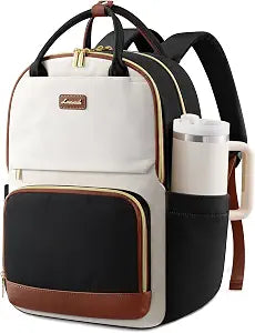 LOVEVOOK Laptop Backpack for Women with Giant Tumbler Holder Pocket, 15.6 inch Travel Work Backpack Purse for Teacher Nurse, Waterproof College Book Bag Cute Casual Daypack, Beige-Black-Brown