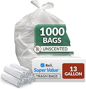 Reli. SuperValue 13 Gallon Trash Bags | 1000 Count Bulk | Tall Kitchen | Can Liners | Clear Multi-Use Garbage Bags
