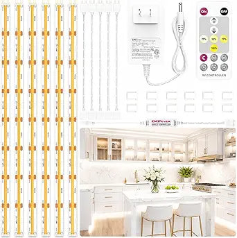 EMITEVER Under Cabinet Lighting kit, 6 PCS COB LED Strip Lights 5000K Natural White, UL Listed Dimmable Led Lights Strip for Kitchen Cabinet, Counter, Shelf, with Remote & Adapter, Timing, 9.8ft