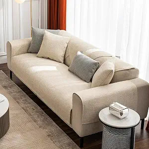 vctops Rustic Linen Textured Couch Sofa Cover Solid Color Non Slip Sectional Couch Covers Soft Sofa Slipcover for Dogs, Children, Pets Furniture Protector (Beige,28"x28")
