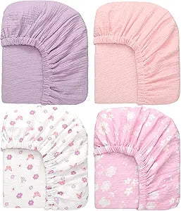 4 Pack 52''x28'' Muslin Crib Sheets Neutral Soft and Breathable Cotton Baby Sheets 9in Thick for Girl Boy Standard Fitted Crib Mattress(Purple Butterfly)