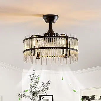 Black Crystal Fandelier Ceiling Fan with Light, 19.7 Inch Bladeless Enclosed Fan Chandelier, 6 Speed Quiet DC Motor with Remote/APP Control, for Bedroom Living Room Small Space