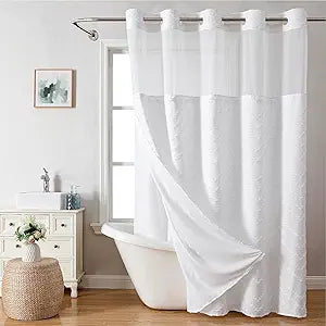eachope Extra Long No Hook Tufted Chevron Striped Shower Curtain with Snap-in Fabric Liner set-71Wx98H(96H),Tall Hotel Grade Boho Style Shower Curtain,Water Repellent,White