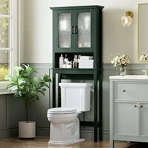 Over The Toilet Storage Cabinet, Over Toilet Storage with Glass Doors and Adjustable Shelf, Thicken Frame Above The Toilet Storage Cabinet Behind The Toilet Bathroom Organizer, Forest Green