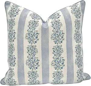 Jillien Harbor The Juliet Floral Block Print Pillow Cover  Soft Blue and Off-White Decorative Throw Pillow Cover  Grandmillennial Home Decor, 24" x 24"