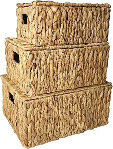 Wicker Storage Baskets With Lid,Set of 3 Rectangular Rattan Basket Decorative Boxes with Handles,Large Storage Box Hyacinth Wicker Baskets For Shelf Organizer, Nursery Room,Bathroom,Living Room