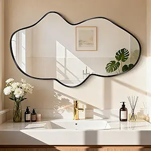 Irregular Wall Mirror, Black Bathroom Wavy Abstract Mirror for Over Sink, Decorative Cloud-Shaped Wall Mirror, Stylish Shatter-Proof HD Mirror for Bedroom, Entryway (26"x43", L, 1 Pack)