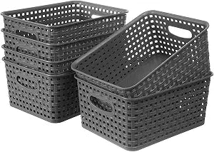 Weave Plastic Storage Basket 6-Pack, Woven Grey Baskets Bins for Organizing Bathroom, Kitchen and Office