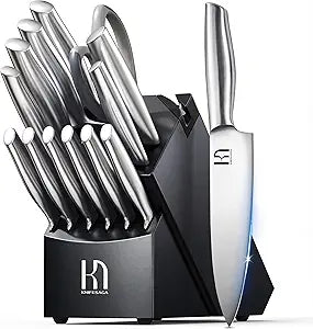 KnifeSaga Knife Set Premium, Kitchen Knife Block Set 14 Pcs Japanese High Carbon Stainless Steel Enduring Razor Sharp, Black Chef Knives Set for Kitchen with Built-in Sharpener and Acacia Wood Block