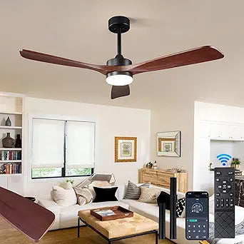 52 Inch Ceiling Fan with Light, App&Remote Control, 3 Walnut Solid Wood Blade, Dimmable LED Timer, 6-Speed Reversible Motor for Bedroom Living Room Patio