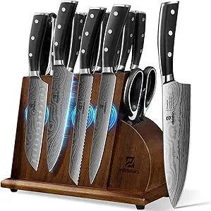 Piklohas Knife Sets for Kitchen with Block, 17 Pieces with Magnetic Knife Holder, German High Carbon Stainless Steel Damascus Pattern Chef Knife Set, Ideal for Gift