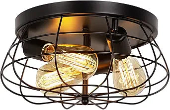 Farmhouse Flush Mount Ceiling Light Black Ceiling Light Fixtures 3-Light Industrial Flush Mount Ceiling Light Metal Cage Ceiling Lights for Kitchen Bedroom Living Room Hallway Foyer(E26 Base)