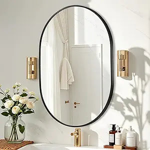 Black Oval Mirror, 17x30 Inch Pill Shaped Metal Frame Mirror, Oval Bathroom Mirrors for Over Sink, Wall-Mounted Mirrors for Hallway,Living Room, Fireplace