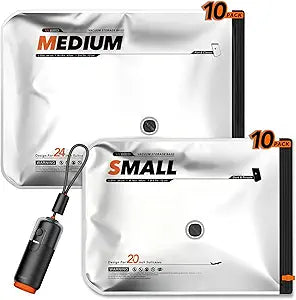 Vacbird 20 Pack Travel Vacuum Seal Bags with USB & Battery 2-in-1 Rechargeable Air Pump, Compression Packing Bags for Luggage & Suitcase, Space Saver for Clothing and Travel Garment Storage