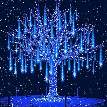 Aukora Blue Christmas Lights Outdoor, UL Plug 24 Tubes 576 LEDs Meteor Shower Light, Tandemable Icicle Snow Falling Rain Lights for Xmas Tree Halloween Decorations Wedding Party Holiday Garden Decor