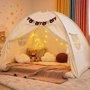 Full Size Bed Tent for Kids, Girls Bed Tent Canopy Dream Playhouse Privacy Space Sleeping Tent with Stars Light & Flags, Toddler Large Floor Play Tent for Girl & Boy, Birthday Childrens Gift, Beige