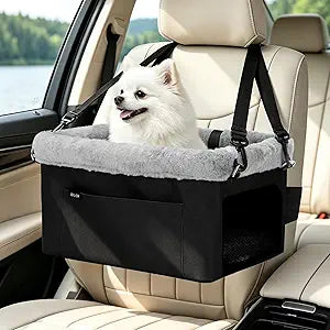 JOEJOY Deluxe Dog Booster Seat with Sturdy Metal Frame and Safety Leash for Small Pets up to 20 lbs - Portable Puppy Dog Car Seat with Thick Cushion and Storage Pockets for Small Dogs, Black