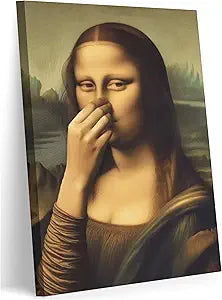 Funny Mona Lisa Bathroom Canvas Wall Art Pinching Nose Wall Decor Mona Lisa Classical Painting Picture Humor Amusing Toilet Art Vintage Whimsical Poster Print for Bathroom Home Decoration 16x24in