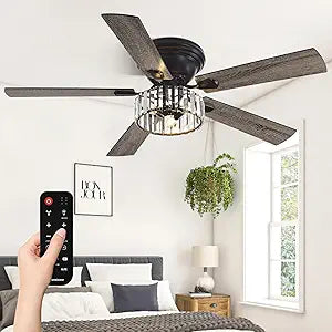 Chandelier Crystal Ceiling Fans with Lights, 52 Inch Chandelier with Light and Remote for Bedroom Living Room Kitchen Office, 3CCT, 5 Blades 6 Speed Reversible Dimmable Quiet DC Motor Burlywood