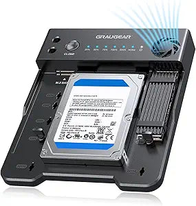 GRAUGEAR M.2 NVMe & SATA SSD/HDD Hard Drive Docking Station, USB-C 10Gbps Reader/Cloner for SATA SSD&HDD to M.2 NVMe SSD Converter, Offline Cloning, Tool-Free, Built-in Cooling Fan