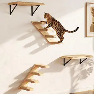 Cat Wall Shelves Stairs Cat Wall Furniture Mounted, 2PCS Shelves & 2PCS 4 Steps Climbing Shelf Scratching Perches for Sleeping, Playing, Climbing