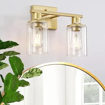 Gold Bathroom Light Fixtures Over Mirror,2-Light Bathroom Vanity Light with Clear Glass Shade,Modern Farmhouse Wall Sconces Lighting for Mirror Kitchen Living Room Cabinet