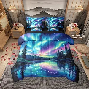 7 Pieces Northern Lights Kids Comforter Full,Rainbow Starry Sky North Pole Dreamy Bedding Set,Pine Trees River Natural Blue Purple���Comforter,Fitted,Flat Sheet,2 Pillowcases,2 Throw Pillow Covers���