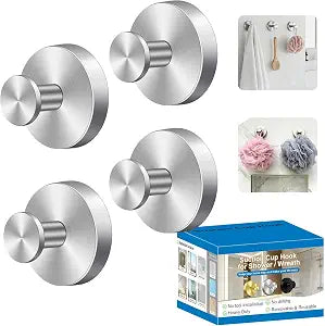 Herda Stainless Steel Suction Cup Hooks, No-Drill Removable Reusable, 4Pack